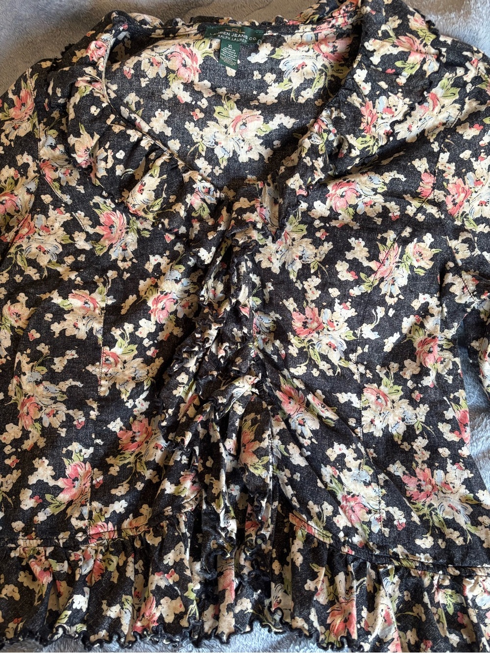 Women's LRL Ralph Lauren Black Floral Ruffle V-Neck Button Blouse US Size XL.